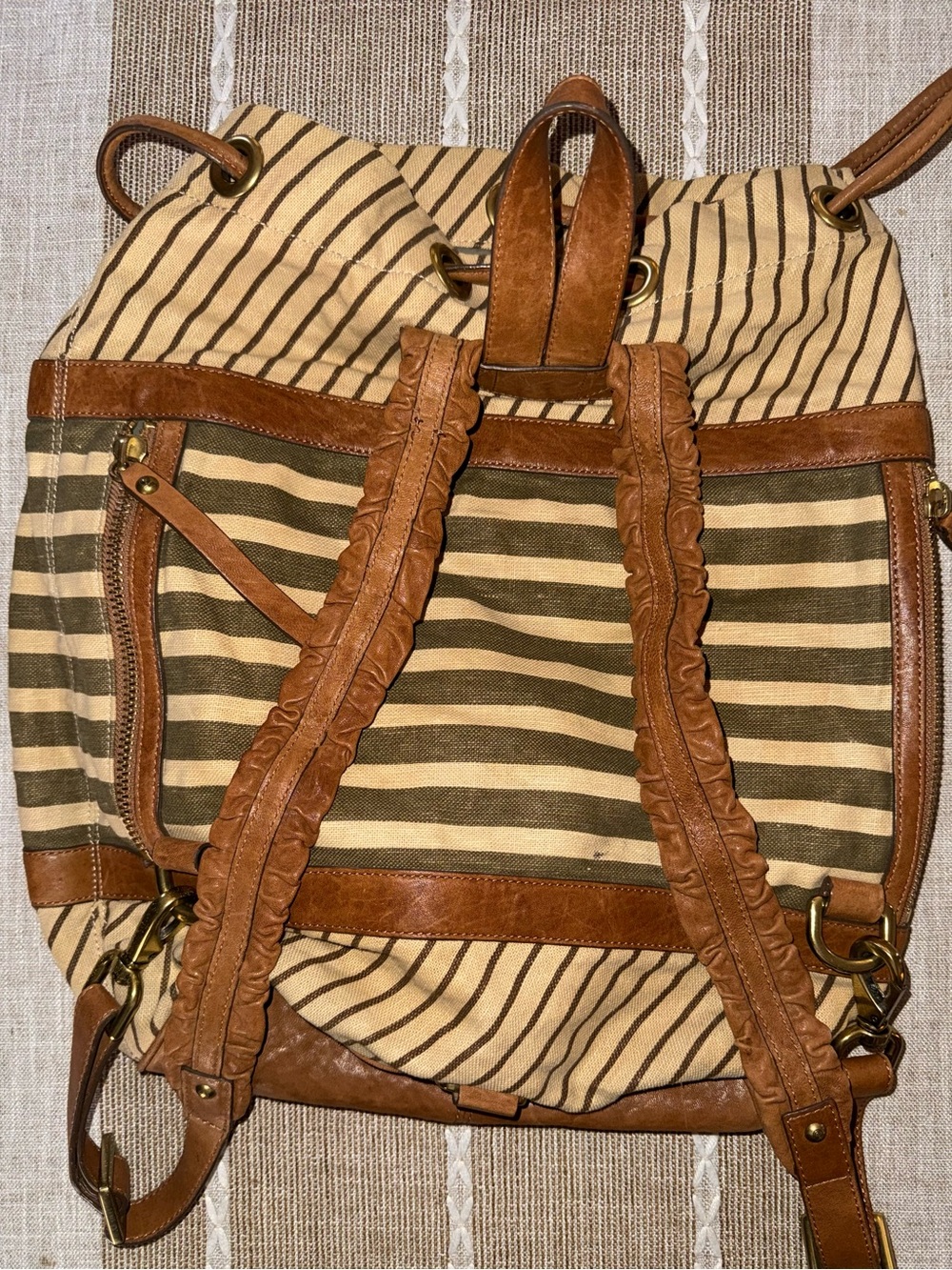 Vintage Cole Haan G Series Convertible Backpack Tote Bag Striped Canvas Leather - Picture 5 of 6
